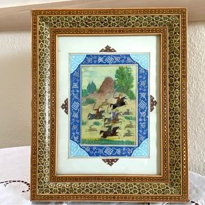 Persian Miniature Art Khatam Marquetry Frame Horses Hunting Persia Painting VGC